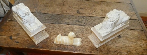 Pair of stone seated lion book end: Pair of stone seated lion book end, Mt. Jerusalem alabaster Sphinx, 20th century