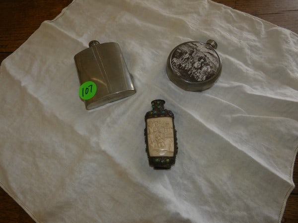 3 small flasks: 3 small flasks: 2 pewter, 1 English pewter, Sheffield, England 1 bone & silver, 20th century