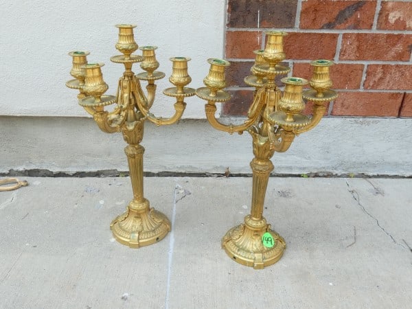 Pair of vintage 5 arm brass candle operas: Pair of vintage 5 arm brass candle operas 18" h, 20th century