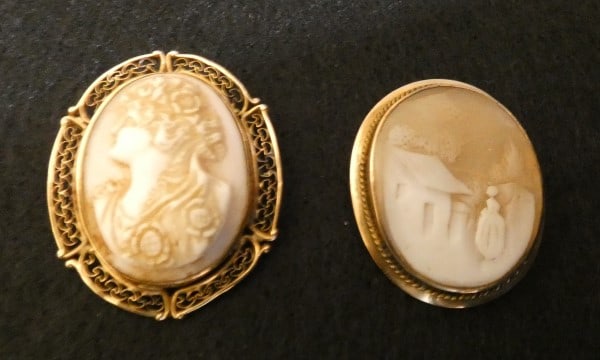 2-10K gold pink coral cameo broaches (1 of 7)