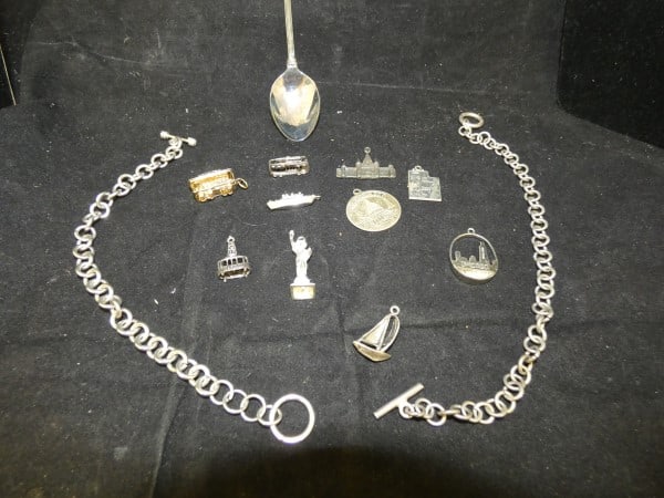 Vintage & Retro sterling souvenir jewelry: Vintage & Retro sterling souvenir jewelry: 5 pendants on cords, 10 charms & 2 charm bracelets, examples are Salt Lake City, Utah, Statue of Liberty, San Francisco, Chicago, Washington, DC, Dutch Wonde