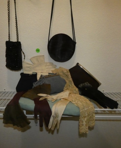 5 purses: 5 purses: Principles, Miss Maud, Paris, Made in England, 5 pairs of gloves, designer kitt gloves, lace & silk opera gloves, designer gloves by Shalimar, 20th century