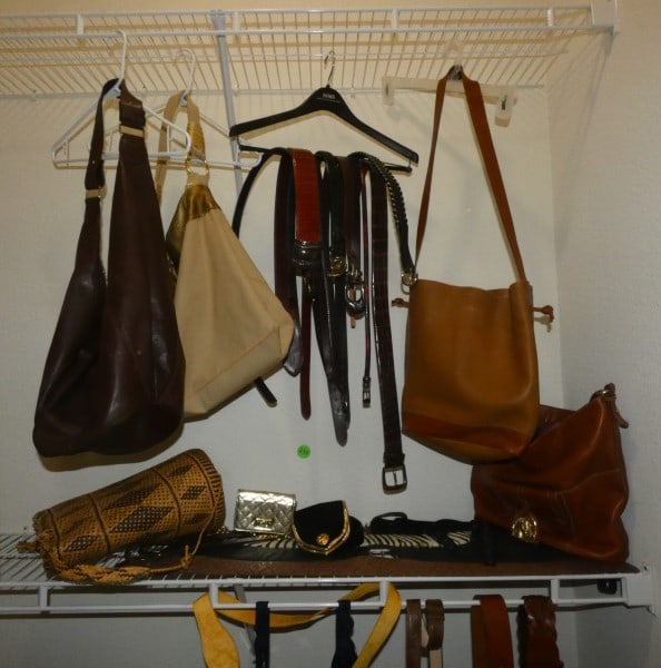 Assortment of woman's belts & purses: Assortment of woman's belts & purses: leather purse by Furla, Italy, Ralph Lauren, Donald Pilnar, JLo, 21 belts of various materials, 20th century
