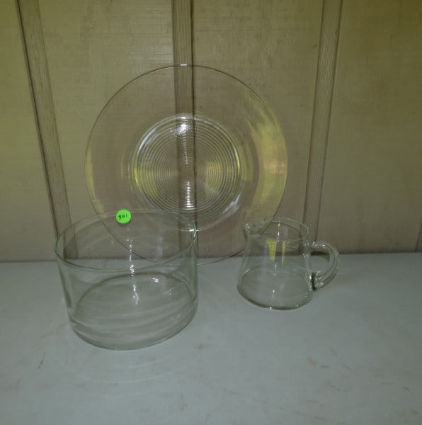 Glass serving pieces: Large glass serving tray, small pitcher, trifle bowl, 20th century
