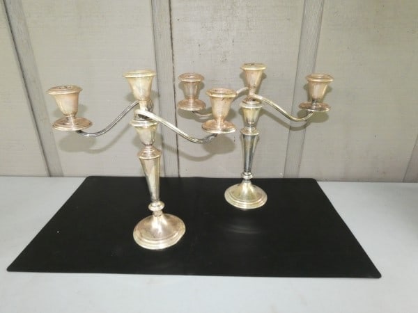 Pair of sterling 3 arm candle operas by Gorham: Pair of sterling 3 arm candle operas by Gorham 11" h, 20th century