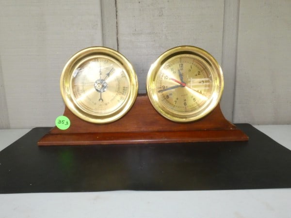 Pair of brass barometers with wood base (1 of 5)