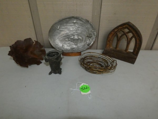 Collection of metal: Pewter plate, iron bowl, book end, vase & metal bird nest, 20th century
