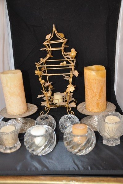 Assortment of candle holders: gold leaf cage candle: Assortment of candle holders: gold leaf cage candle holder, pair of metal candle holders & 6 small crystal votives