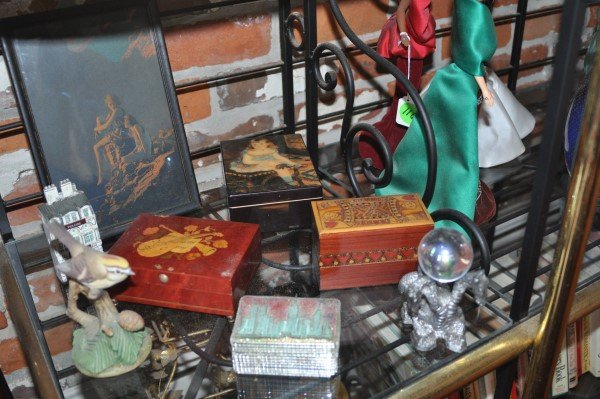 Assorted collectible & framed vintage print, 4 covered: Assorted collectible & framed vintage print, 4 covered boxes, 1 music box, glass orb on pewter base, porcelain bird & small hand painted French house, Monet pearls