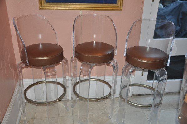 3 custom made acrylic & brass bar stools with custom: 3 custom made acrylic & brass bar stools with custom bronze material seats, 3'5" H x 1'3" round