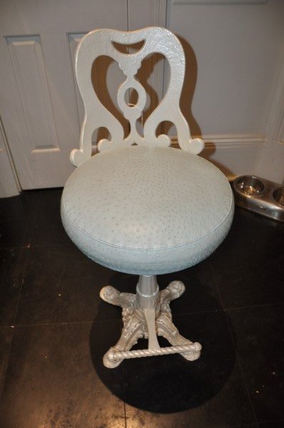 3 cast iron swivel bar stools with custom upholstery,: 3 cast iron swivel bar stools with custom upholstery, 3'1" H x 1'4" round, (extra chair in pieces)