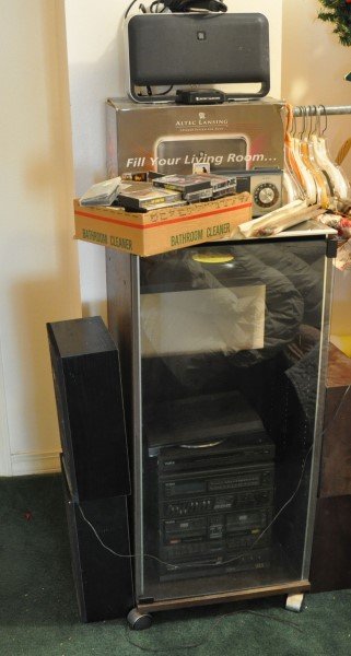 Stereo System: York stereo with turn table in wood &: Stereo System: York stereo with turn table in wood & glass case, Tltec Lansing speaker system, 3 recorders-1 soprano, tapes