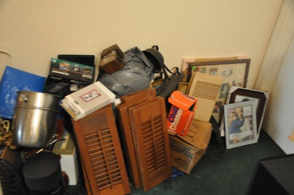 Assorted items such as tarps, wood shutters, household: Assorted items such as tarps, wood shutters, household items, lighting, tools, e