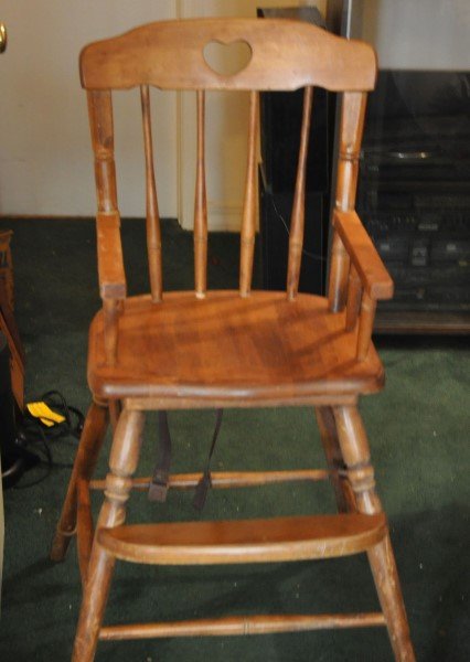Wood child's youth chair with carved heart, 3'2" H x: Wood child's youth chair with carved heart, 3'2" H x 1'4" W x 1'6" D