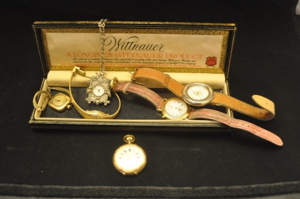 6 ladies watches: 4 wrist watches, 1 pocket watch, 1: 6 ladies watches: 4 wrist watches, 1 pocket watch, 1 pendant watch