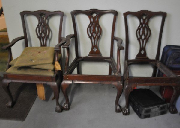 Pair of mahogany arm chairs & side chairs that need: Pair of mahogany arm chairs & side chairs that need repairs