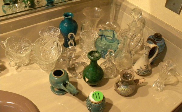 23 pieces of crystal, pottery vases, cruets, cups &: 23 pieces of crystal, pottery vases, cruets, cups & misc.