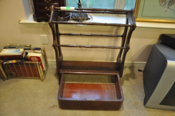 Vintage mahogany quilt rack, 2'7" H & antique drawer: Vintage mahogany quilt rack, 2'7" H & antique drawer