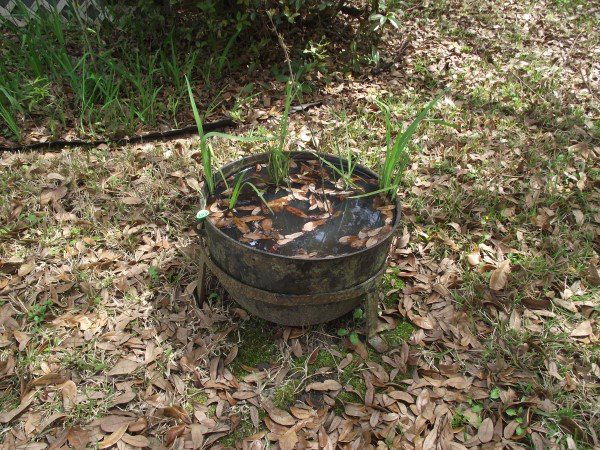 Vintage cast iron garden pot in iron bracket, 1'4" H x: Vintage cast iron garden pot in iron bracket, 1'4" H x 1'9" Round
