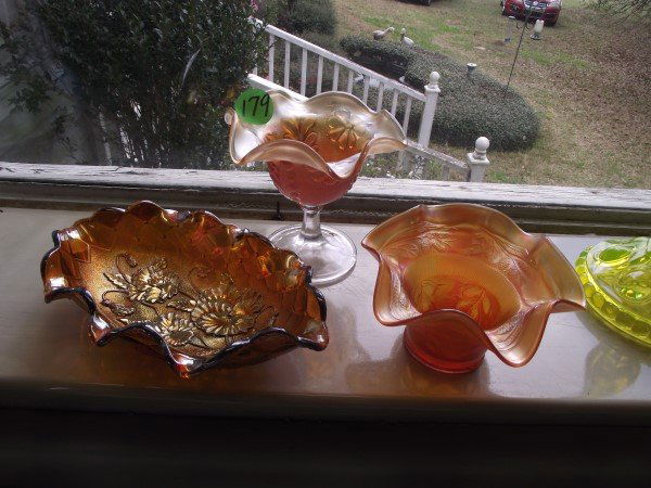 Marigold Carnival glass: compote, oval bowl & fluted: Marigold Carnival glass: compote, oval bowl & fluted vase