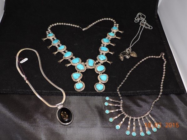 2 silver & turquoise necklaces, sterling & ebony: 2 silver & turquoise necklaces, sterling & ebony pendant with chain, heart pendant with chain