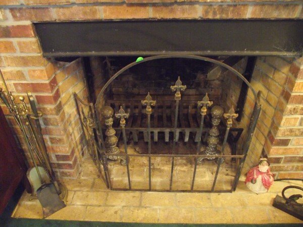 Large fireplace grate, pari of brass andirorns, brass: Large fireplace grate, pari of brass andirorns, brass fireplace tools, fireplace screen with fleu-de-lis