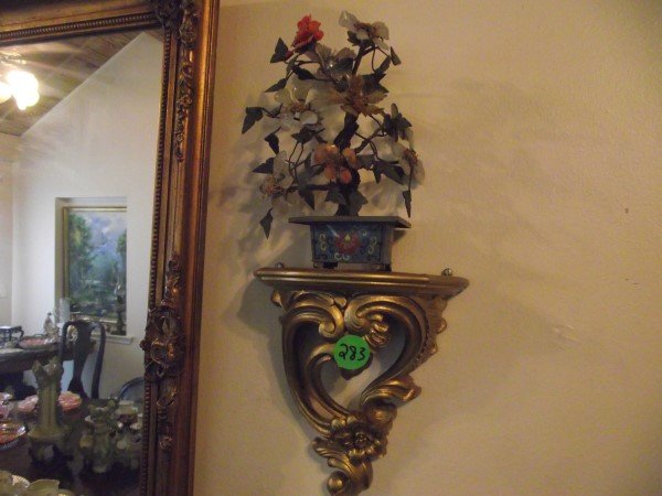 2 gold shelves (plastic) 9" H, pair of Oriental jade: 2 gold shelves (plastic) 9" H, pair of Oriental jade trees
