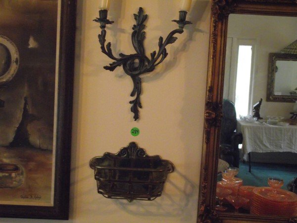 Metal wall sconce & Victorian brass letter holder: Metal wall sconce & Victorian brass letter holder