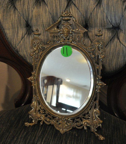 Vintage Art Nouveau brass beveled mirror on stand, 1'2": Vintage Art Nouveau brass beveled mirror on stand, 1'2" H