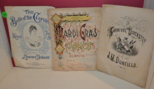 Mardi Gras sheet music: "Belle of the Carnival" by: Mardi Gras sheet music: "Belle of the Carnival" by Lawrence Dubuclet, "The Mardi Gras March" by D. L. White & "Carnival Quickstep" by J. M. Dunfield, 20th C.