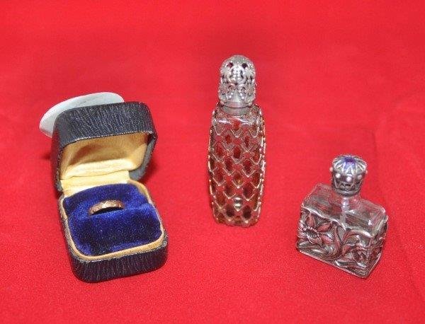 2 small French crystal perfume bottles, 2", 3" & gold (1 of 2)