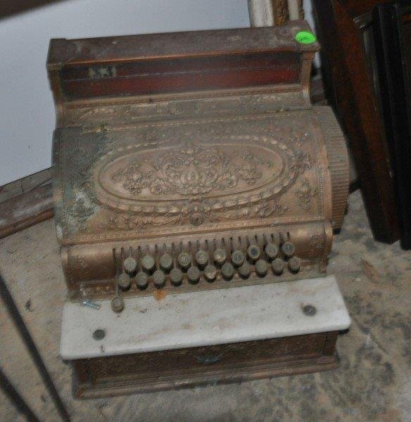 Ornate brass cash register with marble shelf, late 19th (1 of 2)