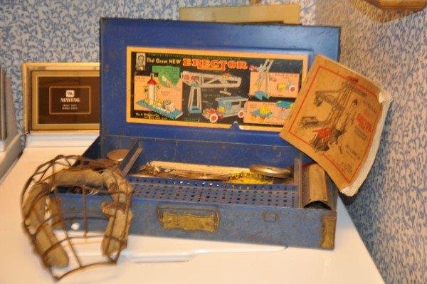 Vintage Erector Set in original box with directions by: Vintage Erector Set in original box with directions by A.C. Gilbert Co.mid 20th C, old child's catcher mask, early 20th C