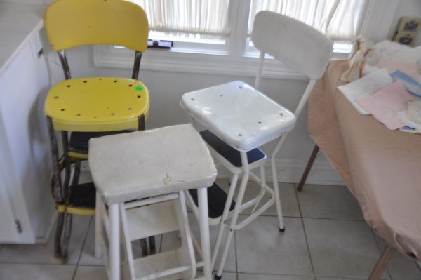3 vintage stools with step ladders, mid 20th C.: 3 vintage stools with step ladders, mid 20th C.