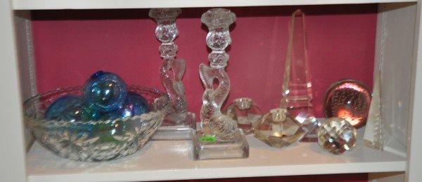 Crystal bowl with hand blown balls, paper weights pair: Crystal bowl with hand blown balls, paper weights pair of fish candle sticks by MMA, 20th C.