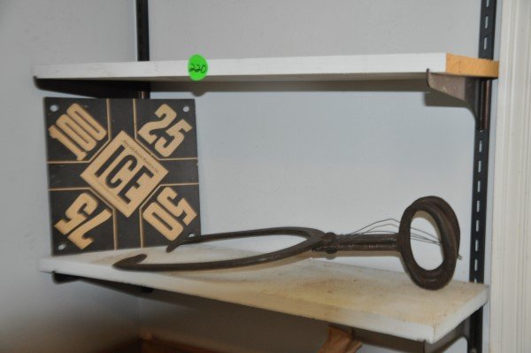 Window sign for ice delivery & antique iron ice tongs, (1 of 2)