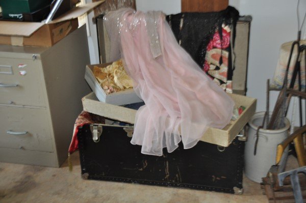 Trunk with fabric, dresses & misc., mid 20th C (1 of 2)