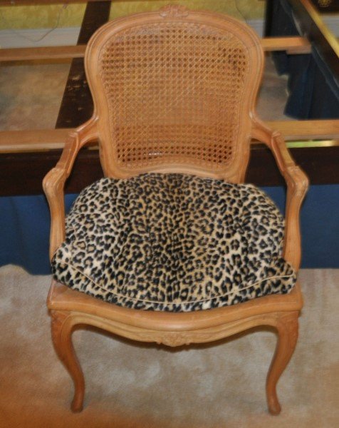 French arm chair, cane back & seat, leopard cushion 37" (1 of 2)