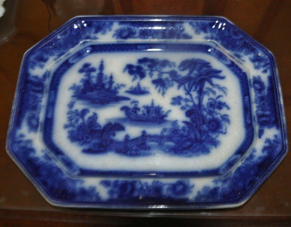 Very old flow blue platter by Tonquin J. H. 1, l0" H X (1 of 2)