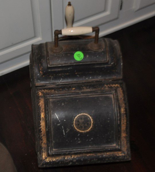 English iron coal scuttle with porcelain handle & (1 of 2)