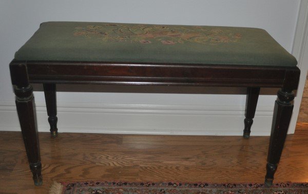Vintage piano bench with crewel tapestry 19" H x 33" W: Vintage piano bench with crewel tapestry 19" H x 33" W x14" D