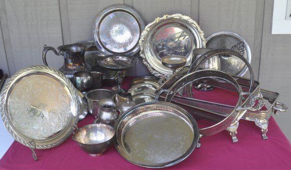 30+ assorted silver plate: pitcher bowls, cups, (1 of 1)