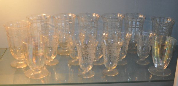 9 crystal water glasses & 7 small etched stemware (1 of 2)
