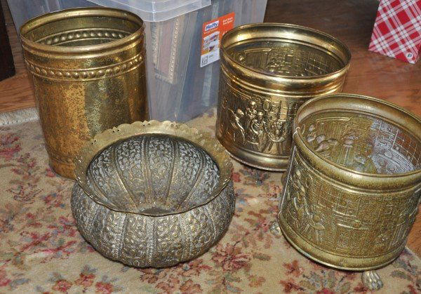3 brass planters & brass garbage can (1 of 1)