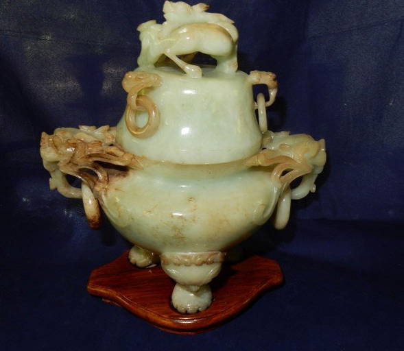 Antique Ornately Carved Jade Dragon Incense Burner 8" L