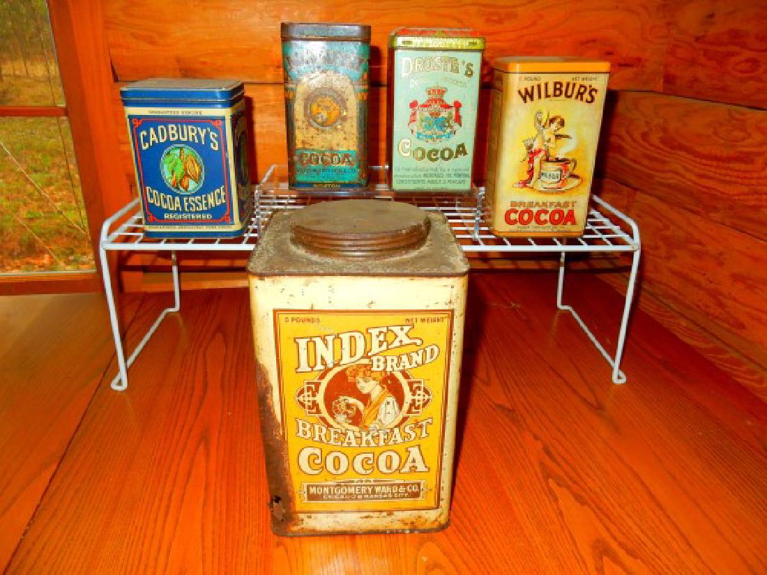 Advertising Tins: 5 antique & vintage cocoa tins 6"-10" H: Monarch Cocoa, Cadbury's Cocoa Essence, Index Brand Breakfast Cocoa, Drosts Cocoa, Wilbur Breakfast Cocoa