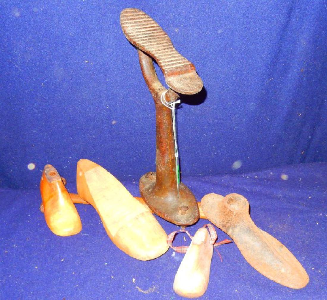 Primitives: Iron shoe stand, iron shoe mold, 3 wood shoe molds