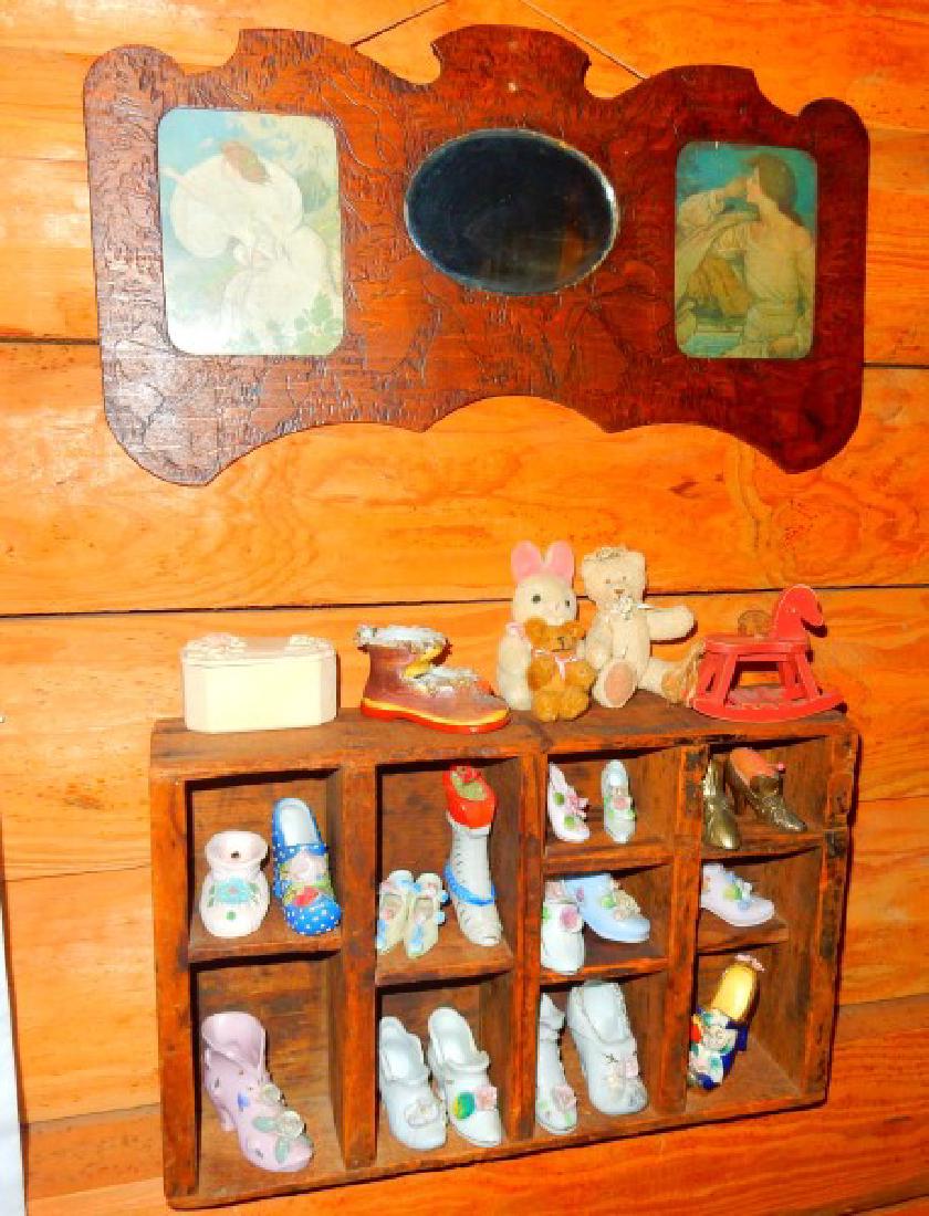 Collectibles: Old wood crate with 19 porcelain shoes, bears, box, mirror with frame