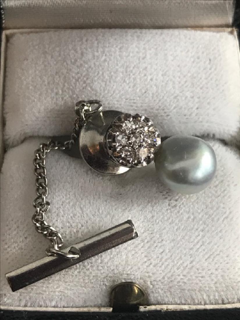 14K White Gold Pearl & Diamond Tie Tack (1 of 3)