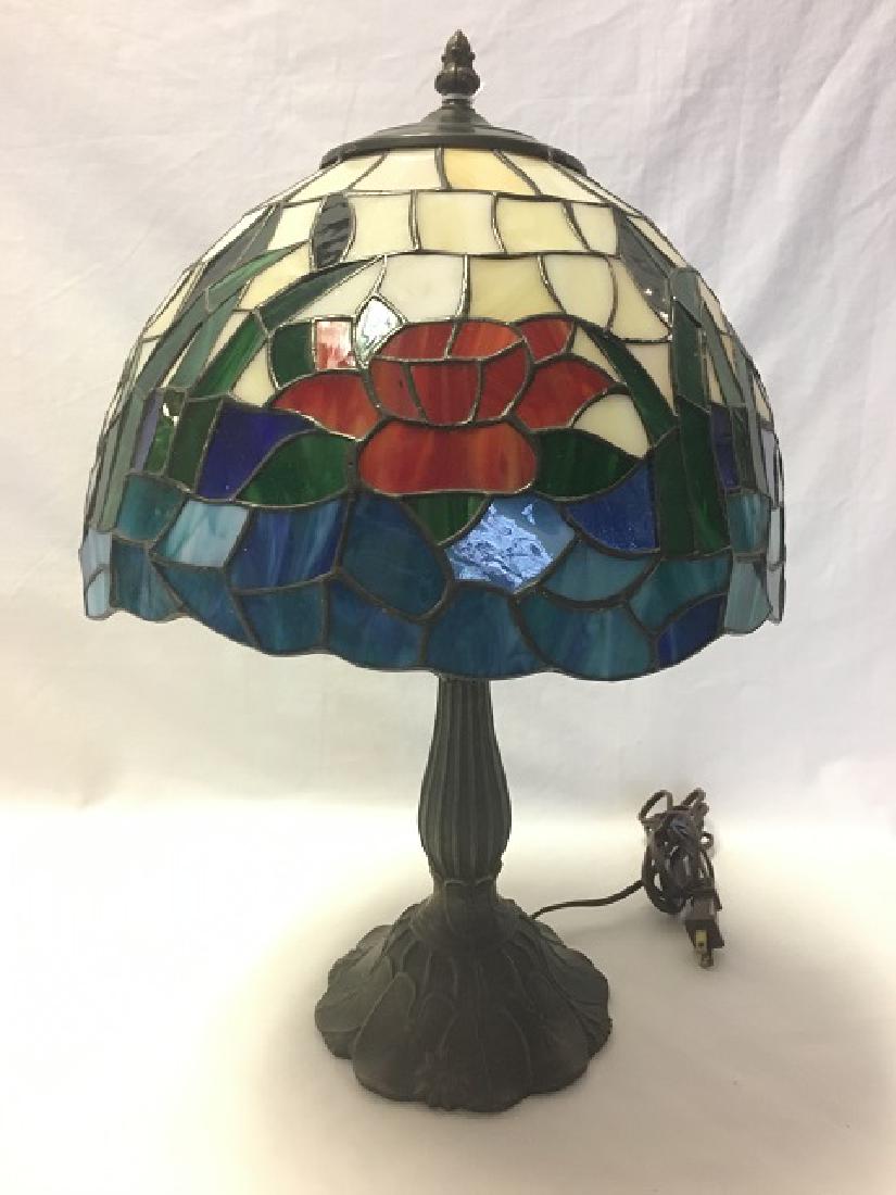 Leaded Glass Table Lamp: Floral patterned with lily pad decorated metal base and stained glass shade 6x16.5